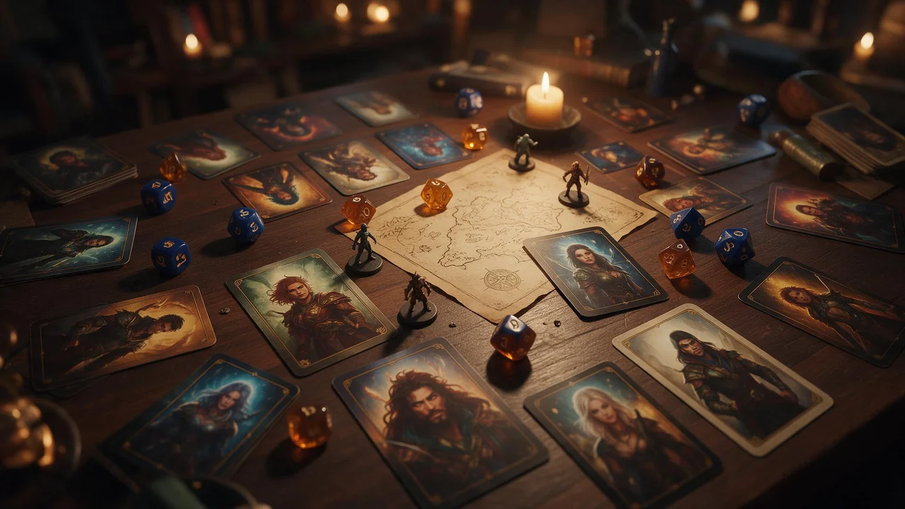 A tabletop role-playing game night seen from above, with cards of painted fantasy portraits, scattered polyhedral dice, a hand-drawn parchment map, painted miniatures and a lit candle in warm, cosy light.