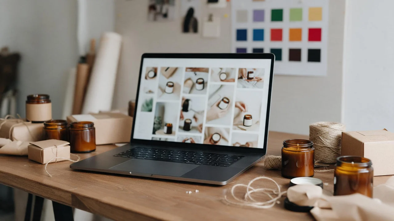Soft daylight falls on a wooden desk in a small shop workspace where a laptop displays a gently blurred grid of product photos, surrounded by handmade candles, kraft paper packaging and a printed mood board of color swatches on the wall.