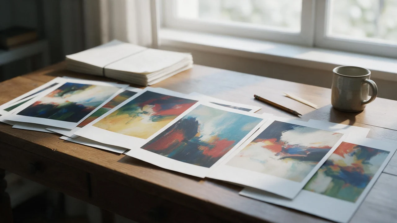A writer's desk by a window in soft morning light, with several printed book cover proofs showing only painterly artwork laid out side by side, beside a closed manuscript, a pencil and a mug.