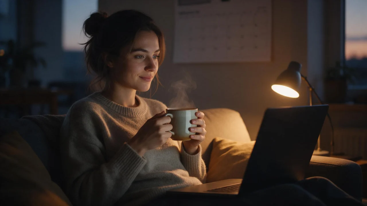 A woman in a knit sweater sits on a couch in warm evening lamplight, holding a steaming mug of tea beside a laptop with a softly glowing screen, while a blank wall calendar hangs on the wall behind her.