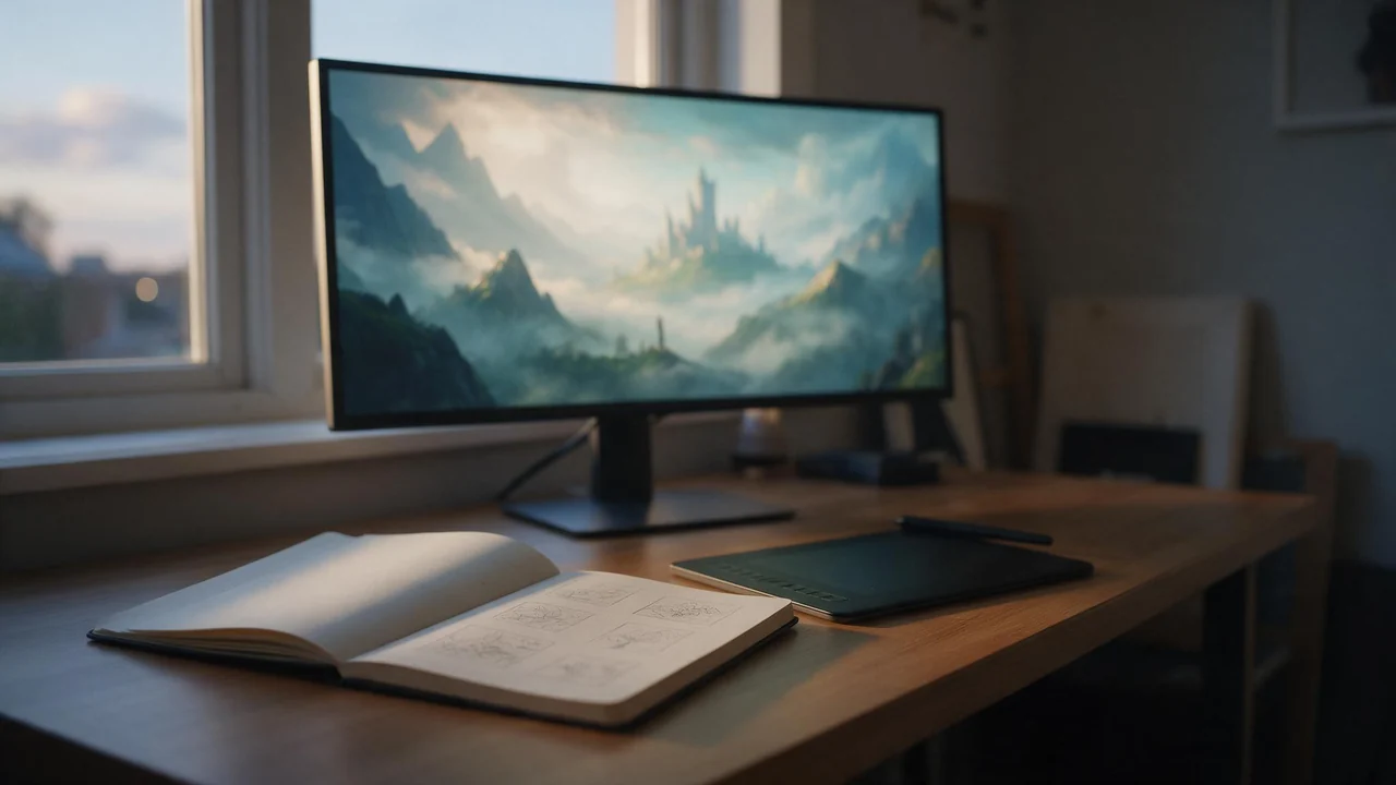 A desk in soft evening light holding an open sketchbook of small pencil thumbnails, a drawing tablet with a stylus, and a monitor showing a painted fantasy landscape of misty mountains and a distant castle.