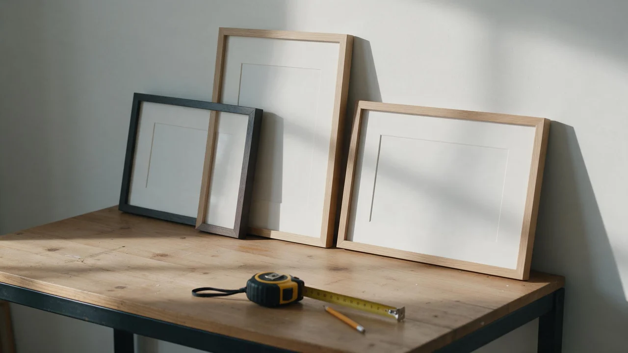 Empty picture frames in square, tall and wide shapes lean against a plain light wall above a wooden worktable in soft daylight, with a tape measure and a pencil resting on the tabletop.