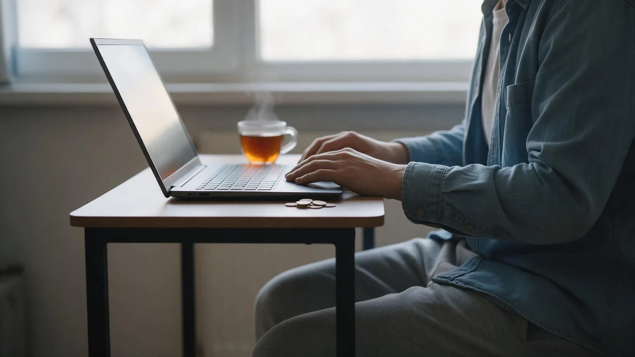 A person sits at a small tidy desk by a bright window with an open thin laptop whose screen glows softly, a steaming cup of tea and a few coins beside the keyboard, in calm daylight with no computer tower or cables in sight.