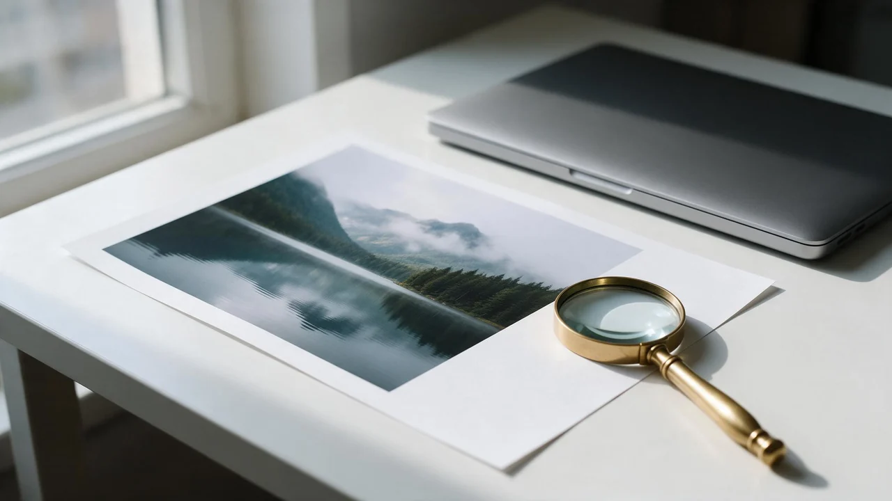 A printed photograph of a misty mountain lake lies on a bright white desk beside a closed silver laptop, with a brass magnifying glass over its blank corner revealing plain unmarked paper in soft daylight.