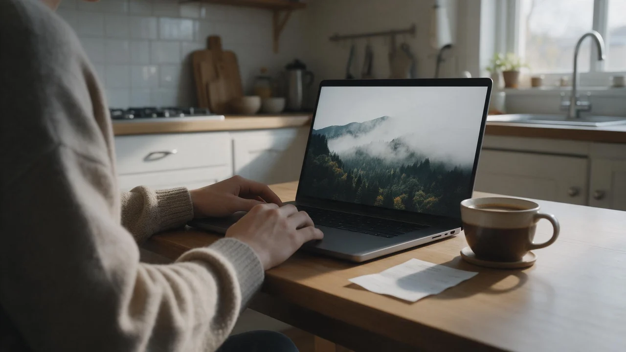 A person in a knit sweater sits at a tidy wooden kitchen table in soft morning light, with a cup of coffee and a small paper receipt lying face down beside a laptop whose screen shows a finished misty mountain landscape photograph.