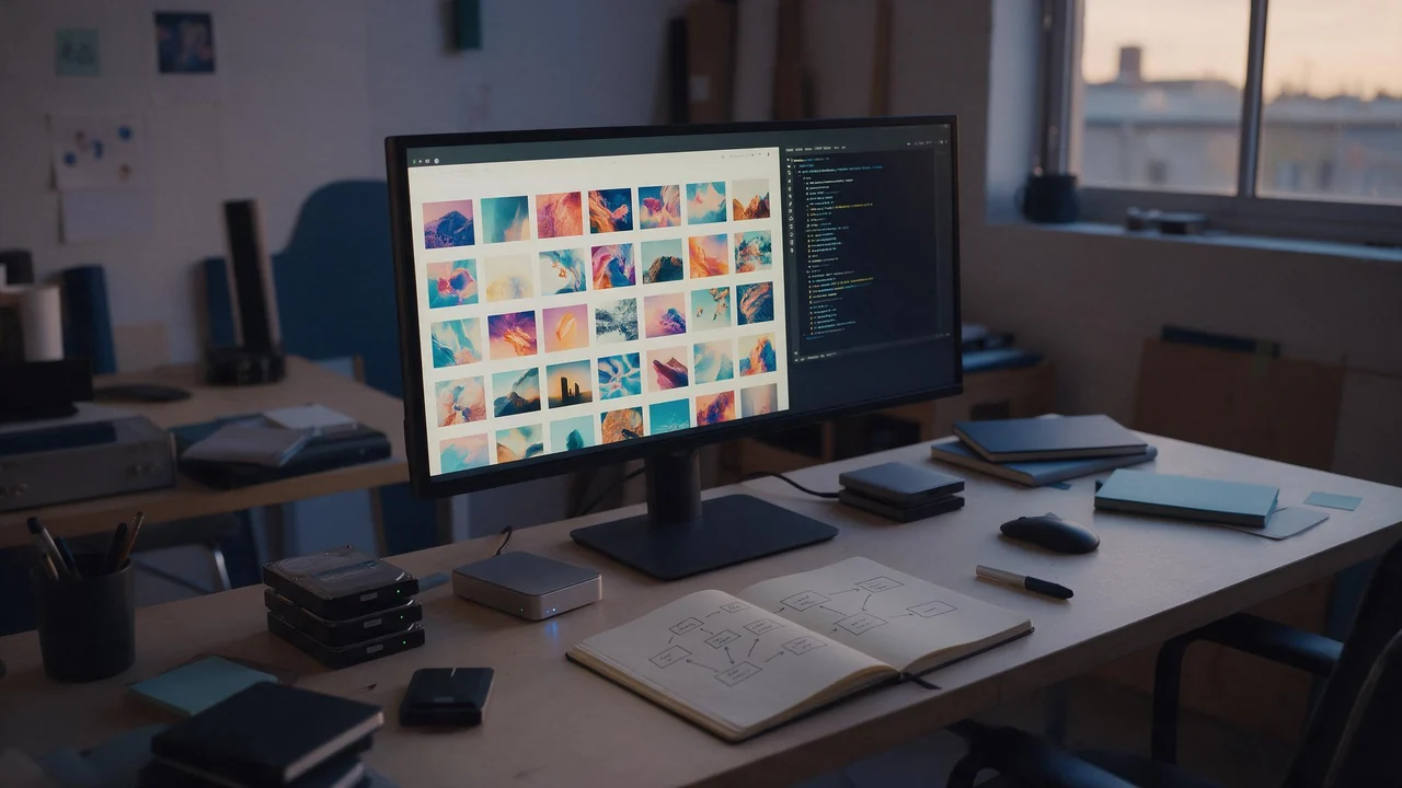 A creative agency desk at dusk with a wide monitor showing a grid of colourful image thumbnails beside a terminal window, external archive drives and a notebook with a hand-drawn flow diagram.
