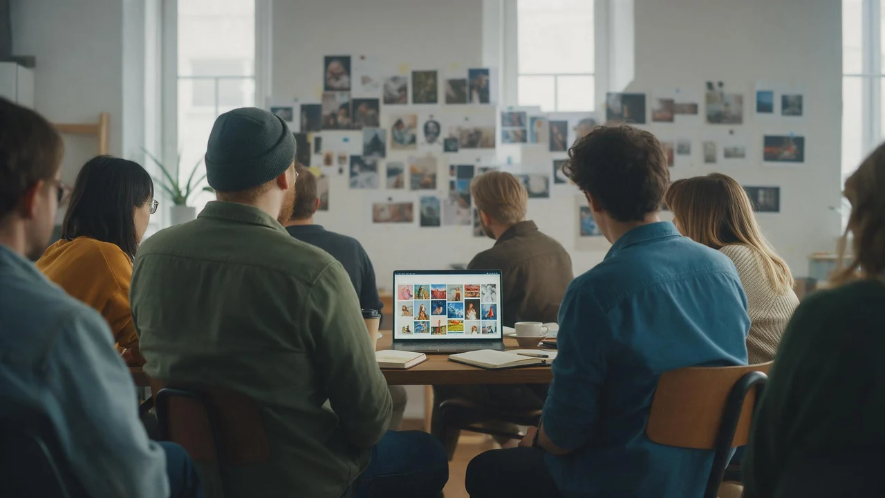Colleagues seen from behind work in a bright agency meeting room beside a wall of pinned printed photographs, while an open laptop on the wooden table shows a grid of image thumbnails next to notebooks and coffee cups in soft daylight.