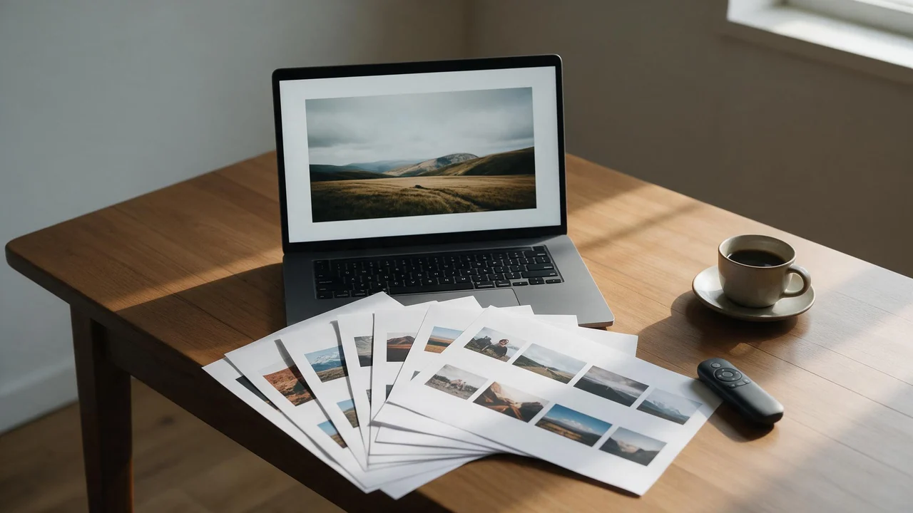 A desk ready for a talk holds an open laptop showing a wide, text free landscape photo, fanned printed slide thumbnails with images only, a presentation clicker and a coffee cup, all in soft natural window light.