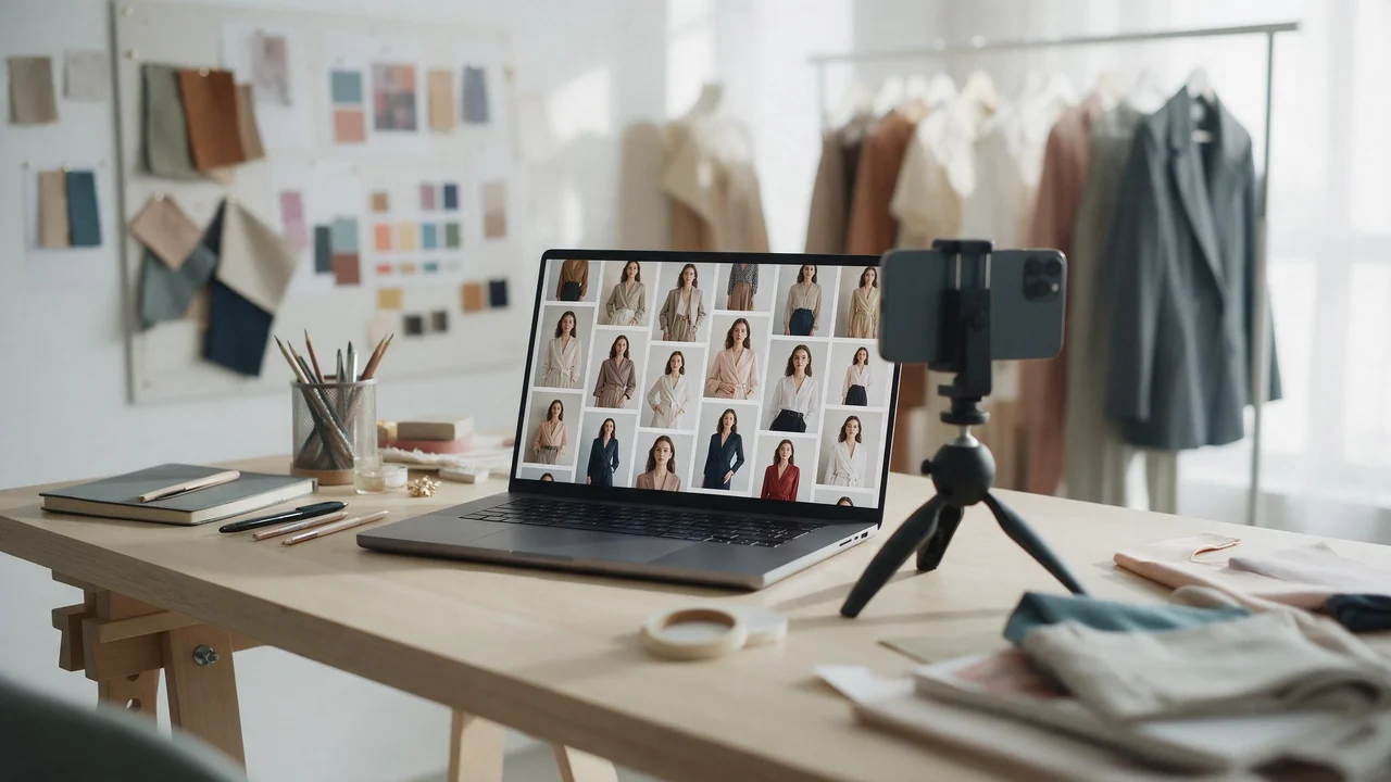 A bright studio desk with an open laptop showing a grid of portrait photos of the same model in different outfits, a phone on a small tripod, and a moodboard with fabric swatches nearby, all in soft daylight.