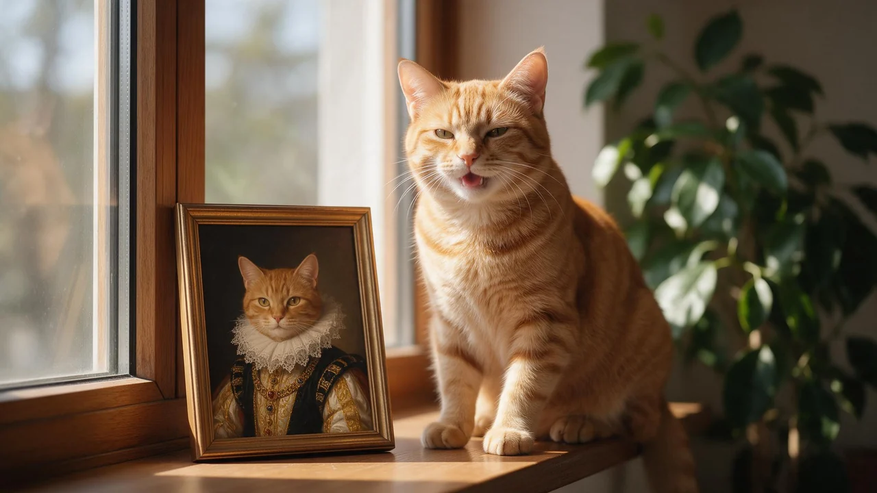 A ginger tabby cat sits on a sunlit wooden windowsill beside a small framed painting of the same cat dressed in a royal costume, with a leafy green houseplant blurred in the background.
