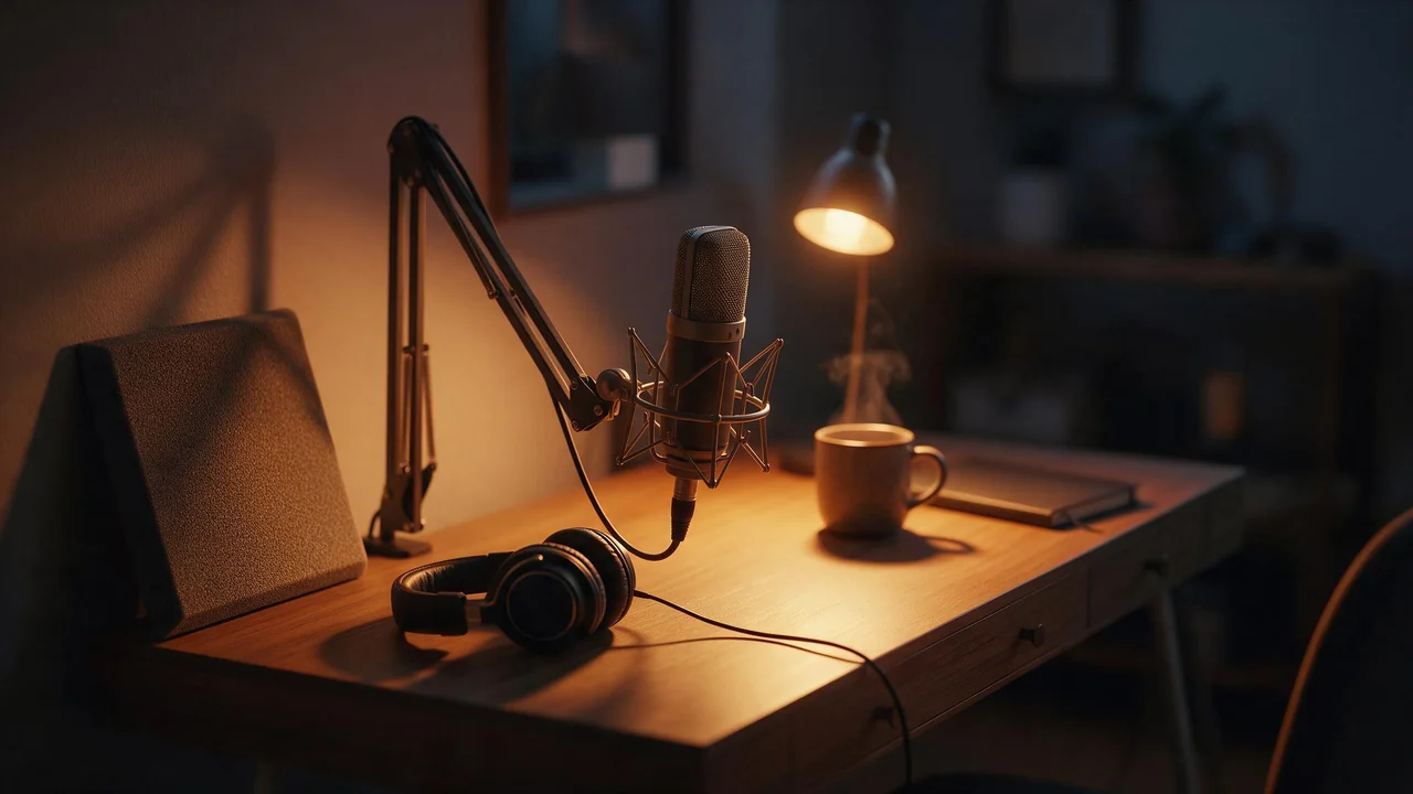 A still life of a home podcast desk with a condenser microphone on a boom arm, headphones, a small acoustic panel, a mug and a closed notebook, all lit by the warm glow of a desk lamp in a dim room.