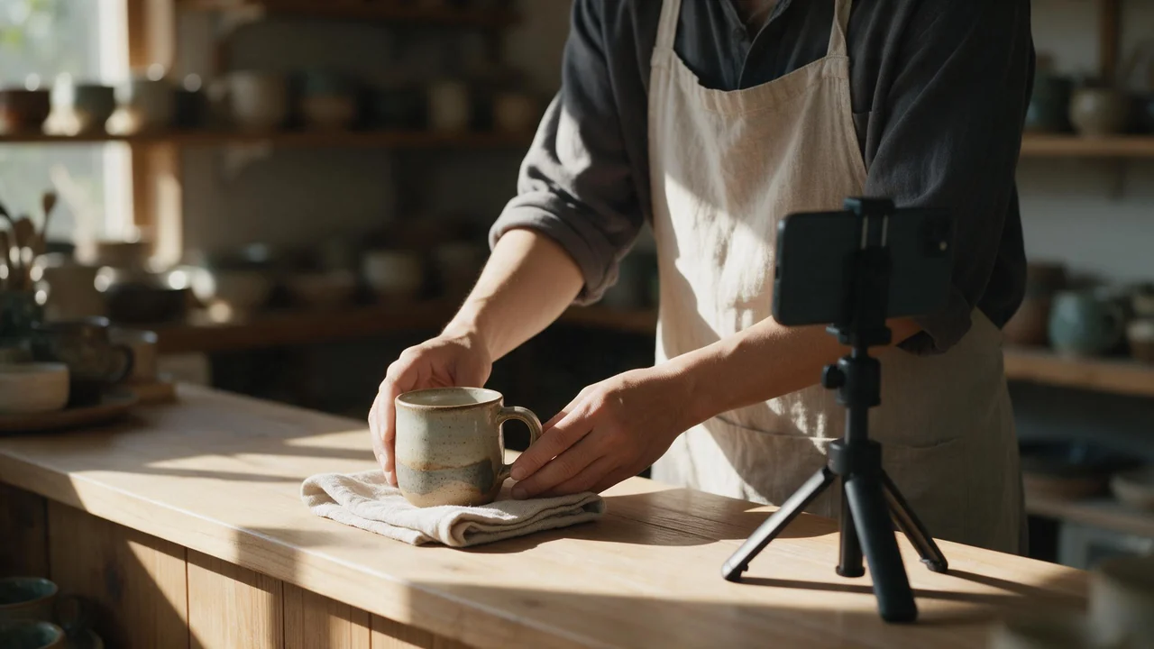 A shop owner in a linen apron stands at a sunlit wooden counter, placing a ceramic mug on a folded linen cloth while a phone on a small tripod is aimed at it, with blurred pottery shelves in the warm background.