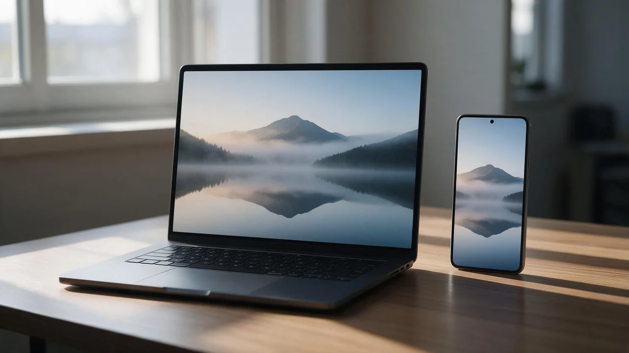 A smartphone and an open laptop on a wooden desk, both screens displaying the same serene wallpaper of misty mountains above a calm lake at dawn, in soft morning light.