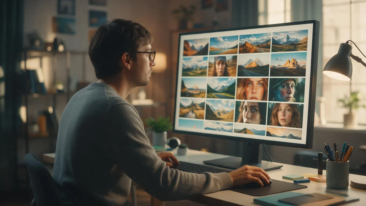 A creator in a gray sweater sits at a desk in a softly lit home studio, comparing several colorful widescreen thumbnail drafts of landscapes and faces on a large monitor.