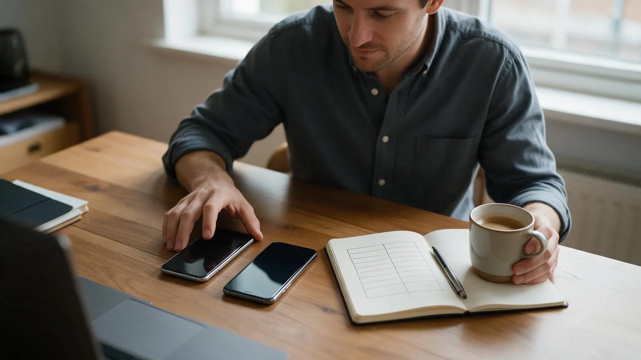 A man in his thirties sits at a tidy home desk in soft daylight, comparing two smartphones lying side by side next to an open notebook with a hand drawn two column table, a pen and a mug of coffee.