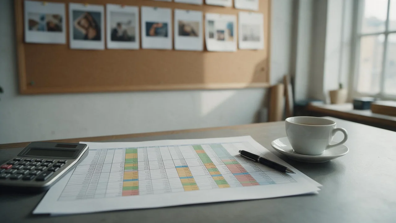 A printed spreadsheet with colour-highlighted columns lies on a studio desk beside a calculator, a pen and a cup of coffee, with a row of printed image proofs pinned to a cork board behind in soft daylight.
