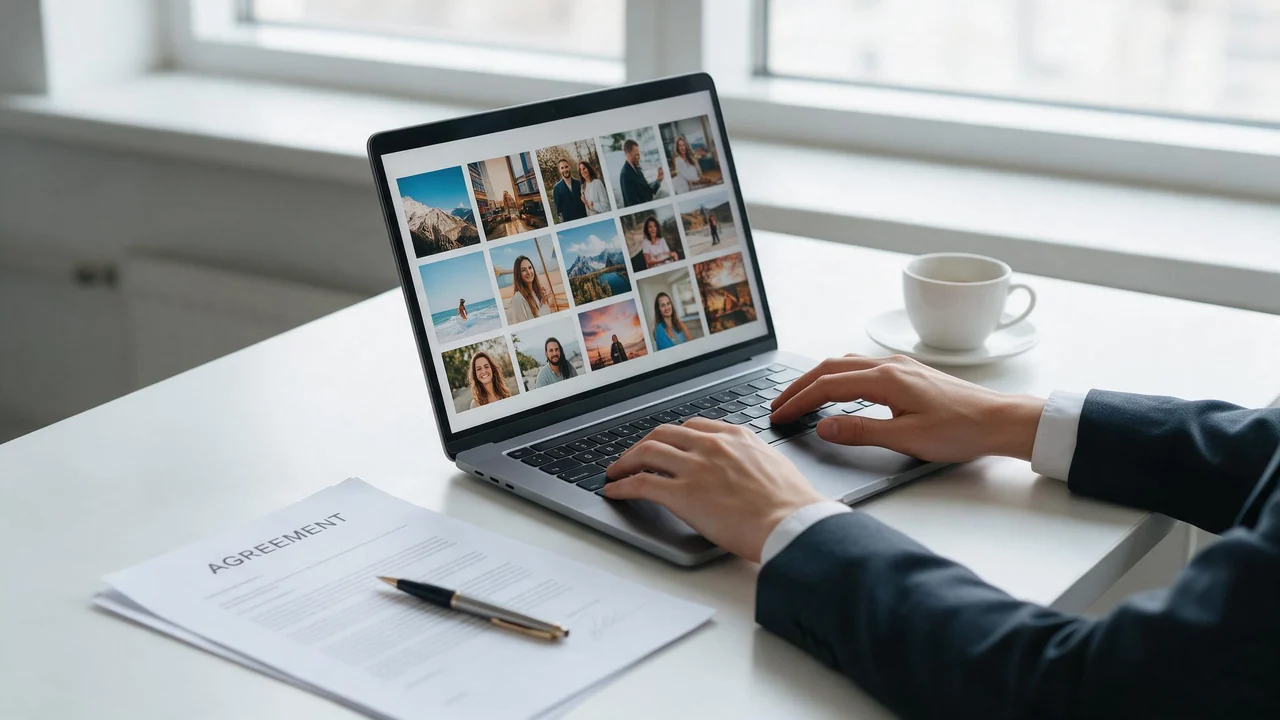 A professional's hands work on a laptop whose screen shows a grid of photographs, with a contract, a pen and a coffee cup on a bright desk beside a window.