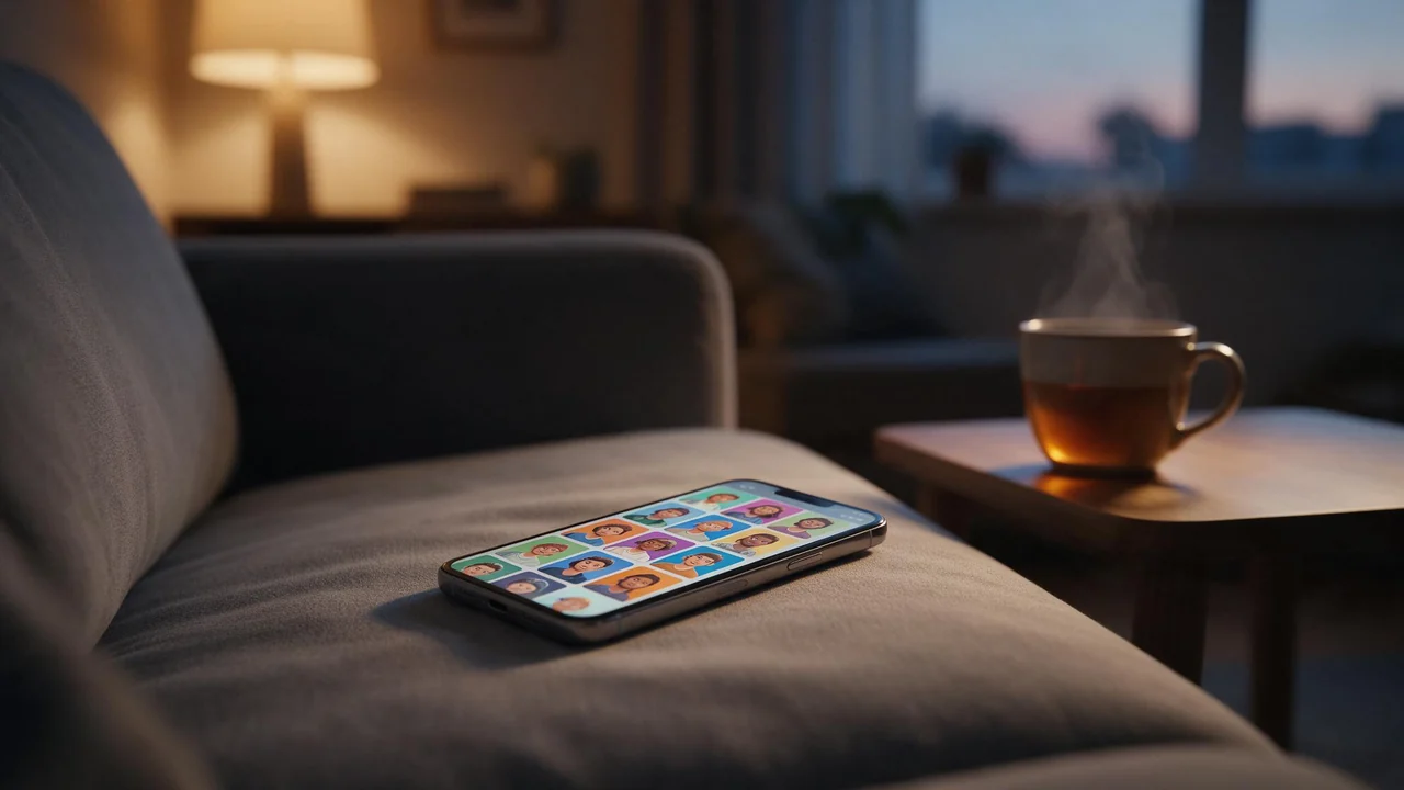 A smartphone on a sofa cushion displays a softly blurred grid of illustrated character portraits, with a steaming mug of tea on a side table in warm lamp and dusk light.