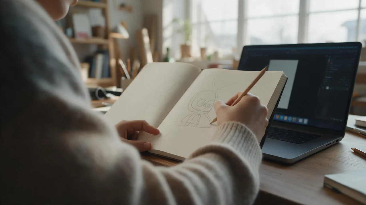 A person in a knit sweater sits at a wooden desk in a home studio, sketching a stylized character in a notebook beside an open laptop, in soft window light.
