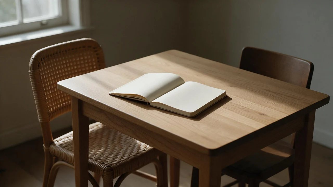An open notebook with blank pages lies on a wooden table with two different chairs pulled up to it, softly lit by warm window light in a quiet room.