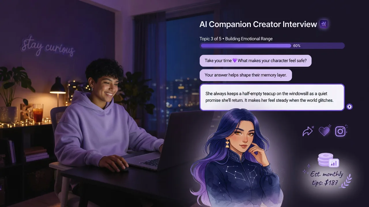 Человек общается с дружелюбным ИИ-гидом в Creator Studio; рядом с полосой прогресса проступает стилизованный портрет компаньона — фиолетово-индиговые тона.