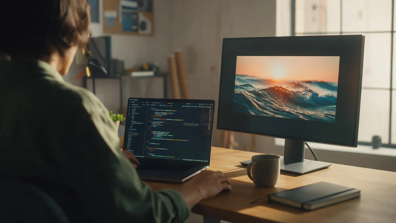 A developer sits partly with their back to the camera at a tidy desk, a laptop glowing with out-of-focus code beside a second monitor playing a short vivid clip of waves under a sunset, in warm late-afternoon light with a coffee mug and notebook on the desk.