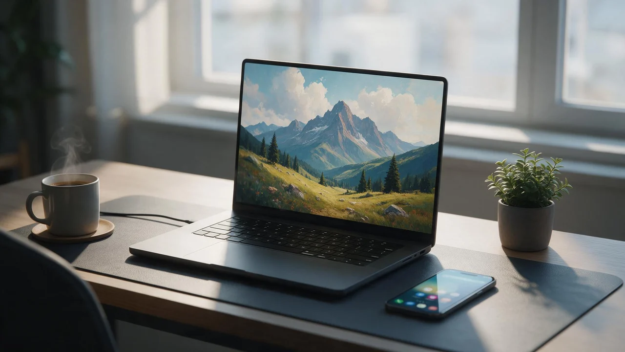 A calm desk in soft morning light with a laptop showing a freshly created mountain landscape on its screen, a smartphone with a glowing screen beside it, and a coffee mug and small potted plant nearby.