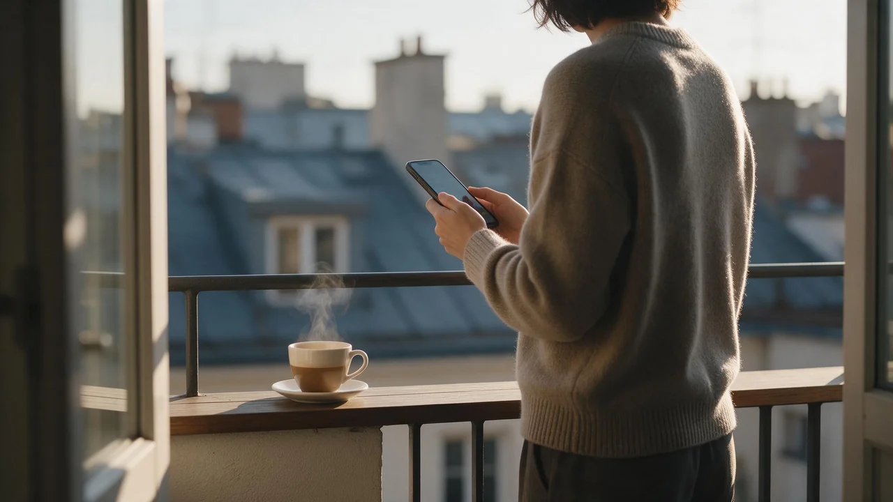 A person seen from behind standing on a sunlit balcony in warm morning light, holding a phone while a cup of coffee rests on the ledge beside them, in a relaxed and casual mood.