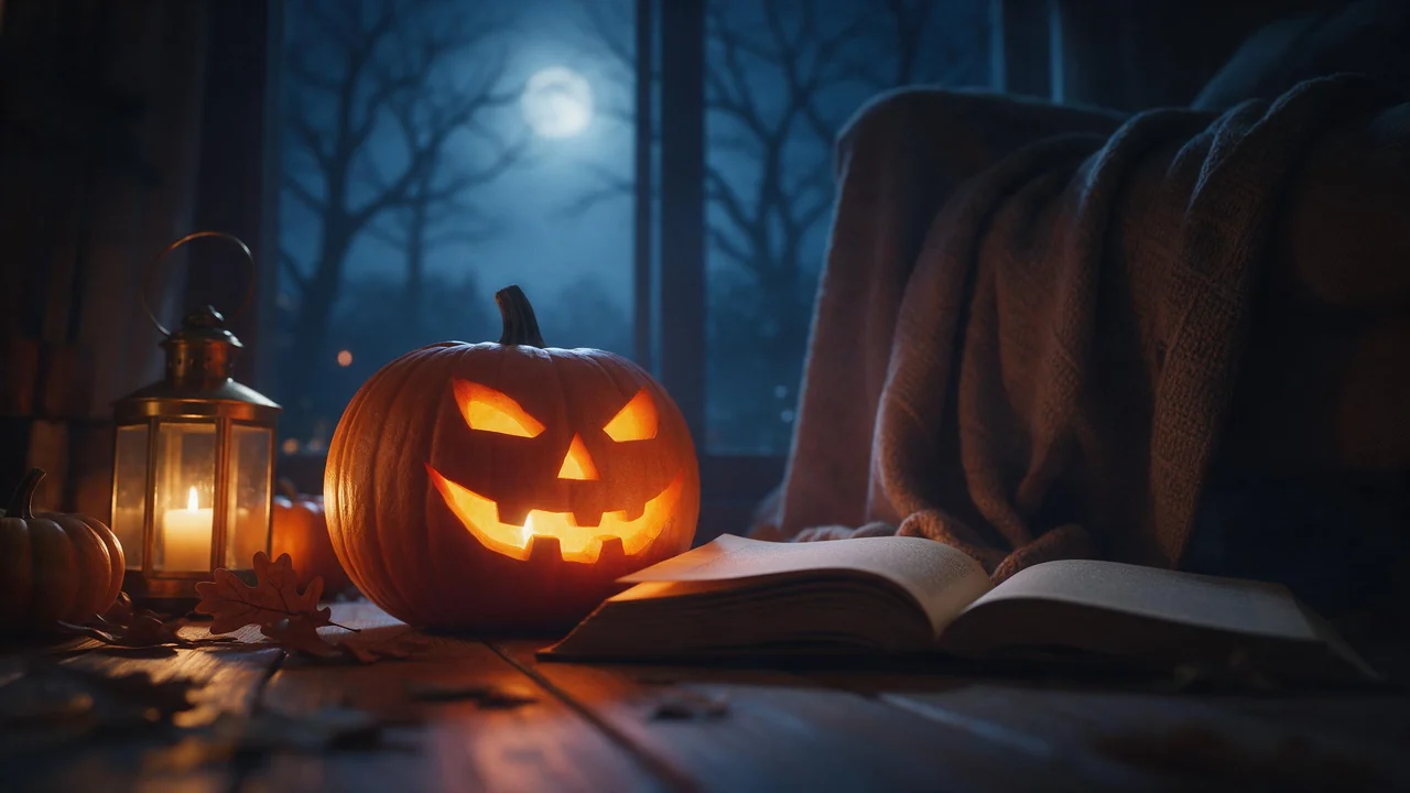 Wyrzeźbiona dynia-lampion świeci na pomarańczowo na drewnianej podłodze obok mosiężnej latarenki ze świecą, małych dyń, dębowych liści i otwartej książki; na sofie leży dziergany koc, a za oknem widać zamglony ogród z nagimi drzewami w świetle księżyca.