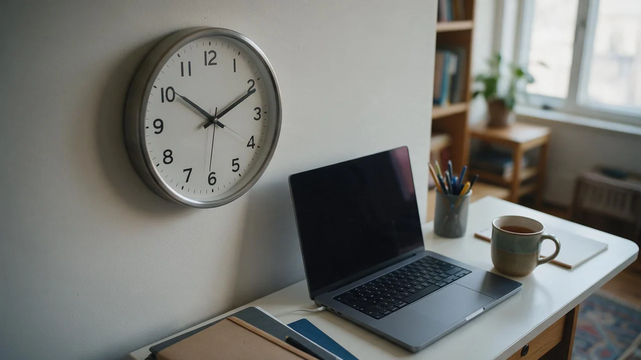 A plain analog wall clock hangs on the wall above a tidy home desk holding an open laptop with a dark screen and a mug of tea, all lit by soft daylight.