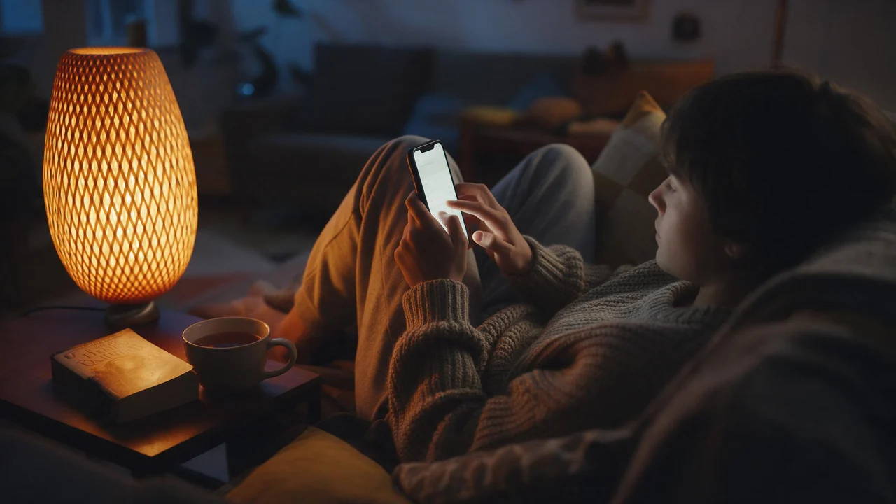 A person in a knit sweater sits on a couch in warm lamplight, typing on a phone whose screen glows softly toward their face, with a closed paperback novel and a mug on the side table.