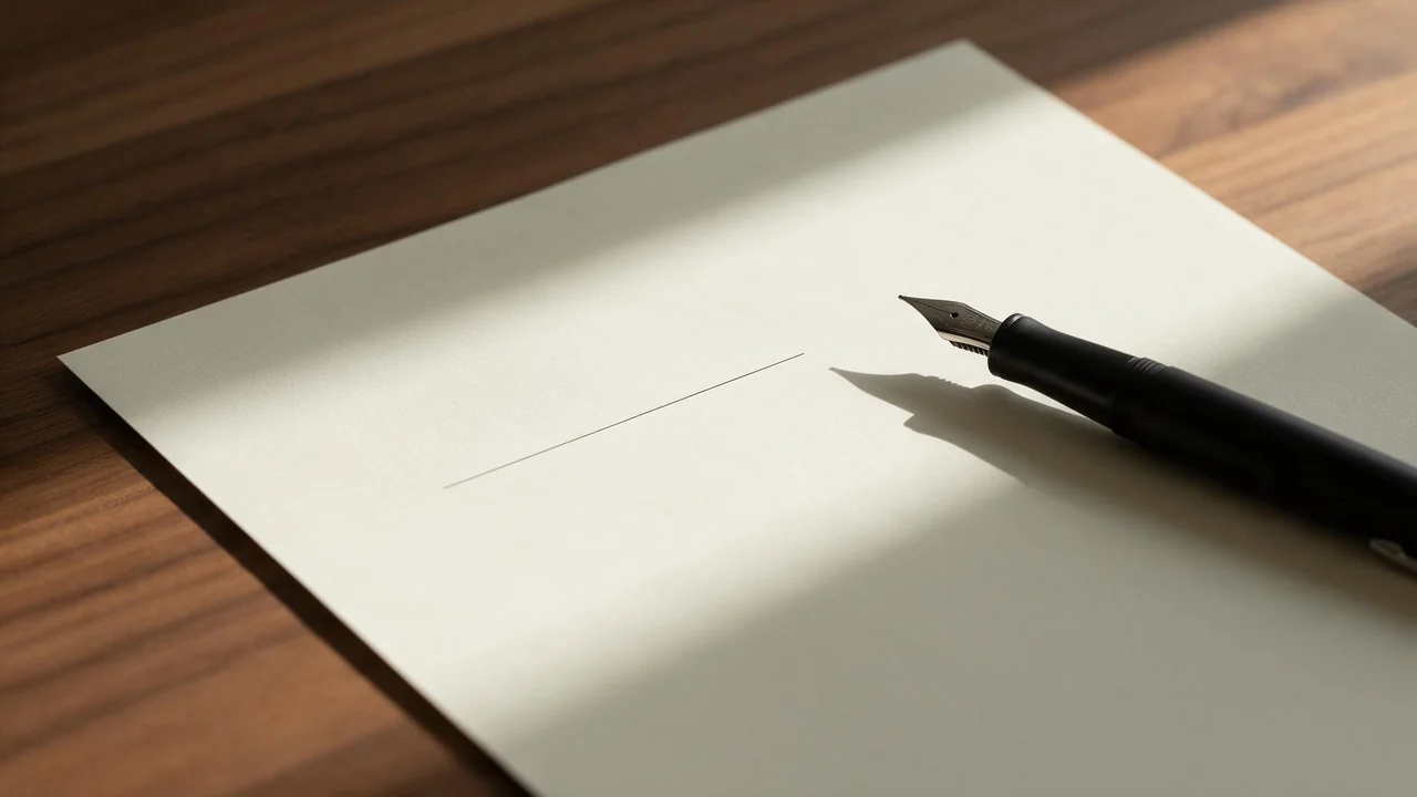 A sheet of letter paper on a wooden desk with its first line left blank, a black fountain pen resting beside it in soft morning window light.