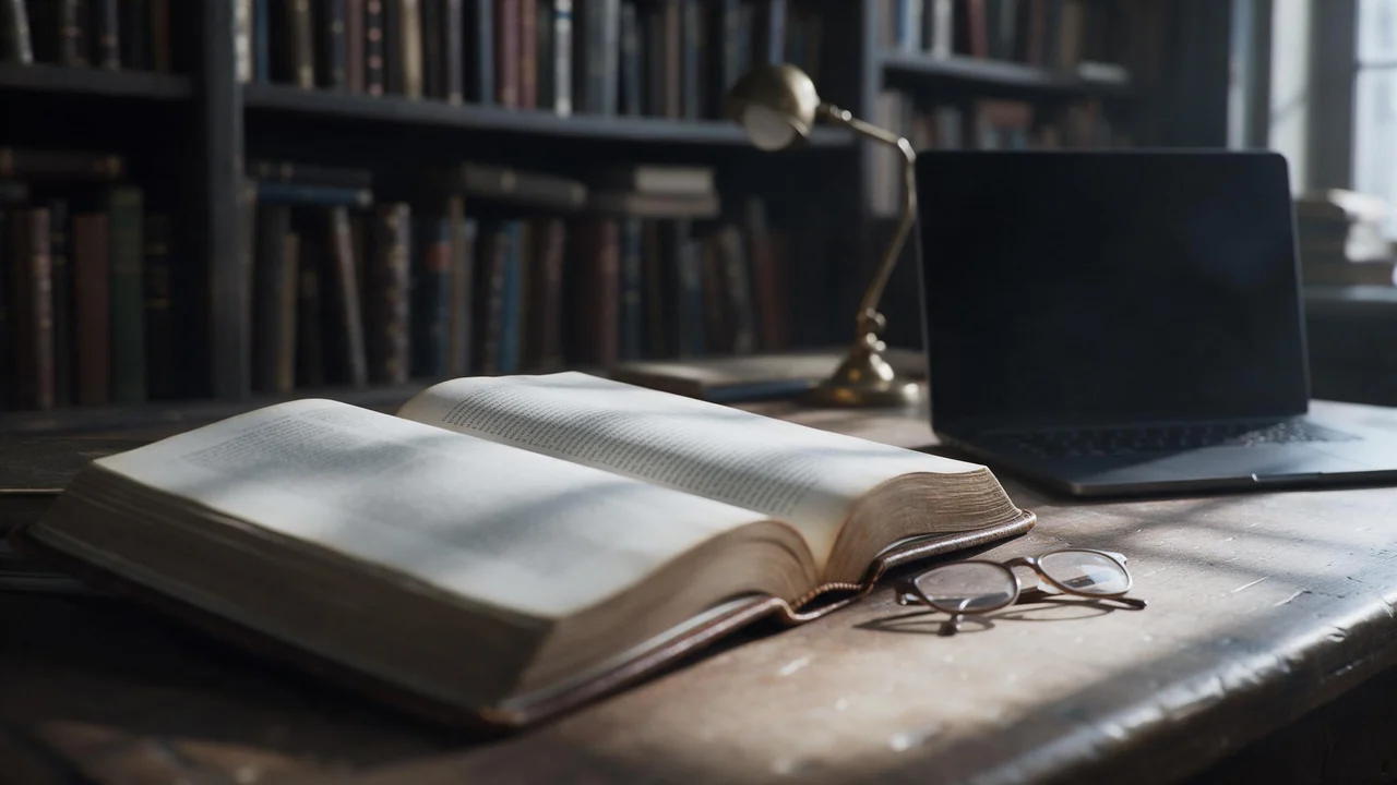 A quiet law library desk with an open book, folded reading glasses and a laptop, lit by soft window light in a calm, serious mood.