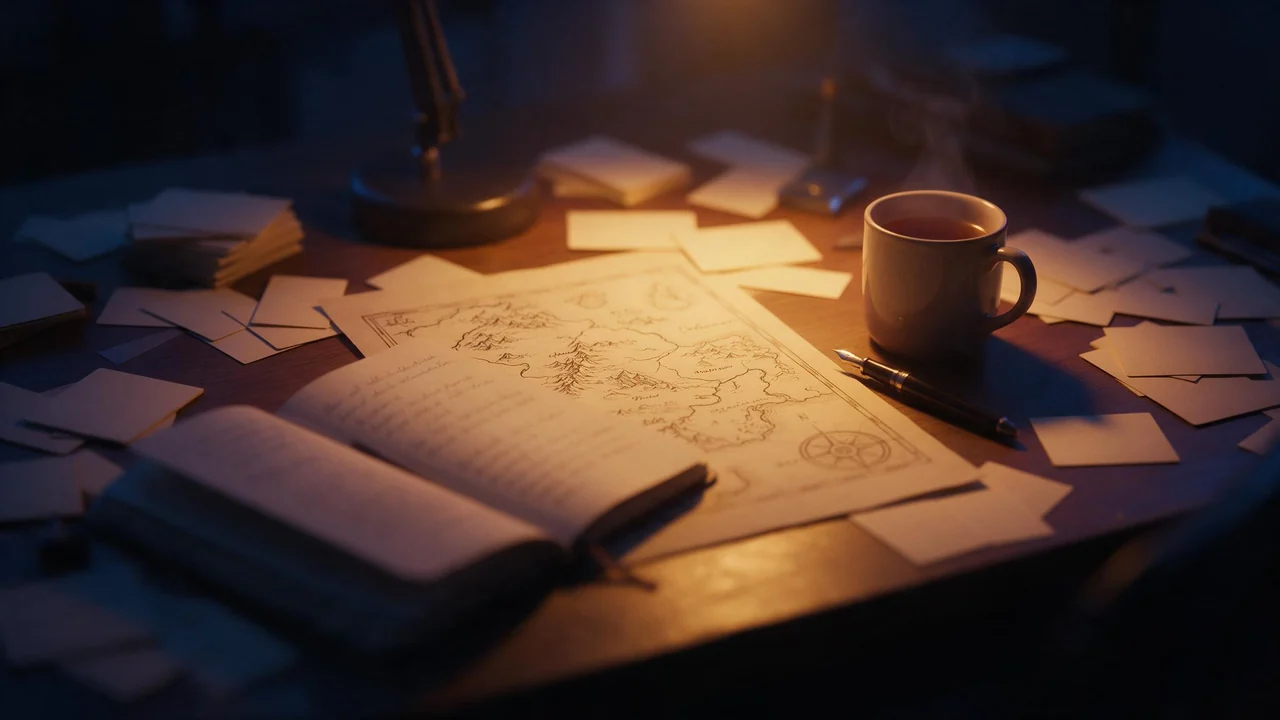 A writer's desk at night lit by a warm lamp, with an open notebook of story notes, a hand-drawn fantasy map, scattered index cards, a fountain pen and a steaming mug of tea.