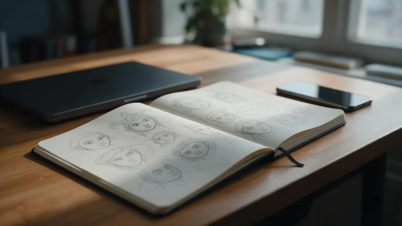 A wooden desk in soft morning light with an open notebook of pencil sketches of faces beside a closed laptop and a smartphone.