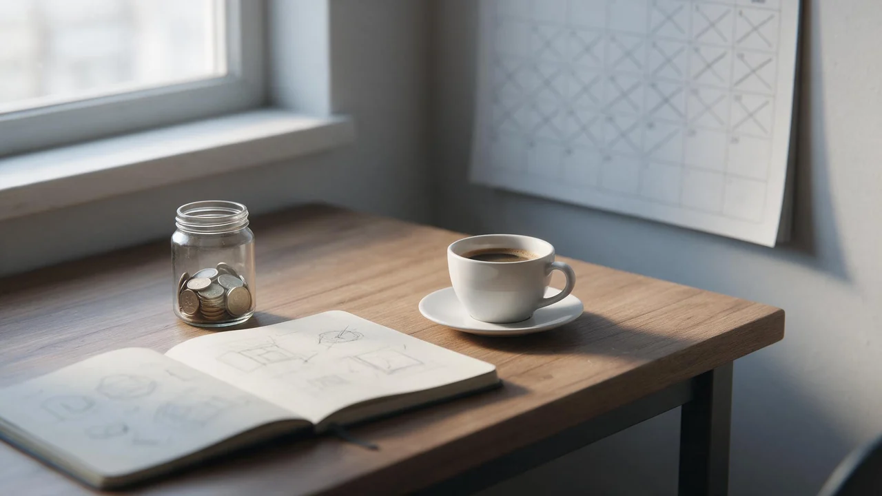 A designer's desk in soft morning light with a wall calendar of pen-crossed-out squares, a small glass jar of coins, an open pencil sketchbook and a cup of coffee.