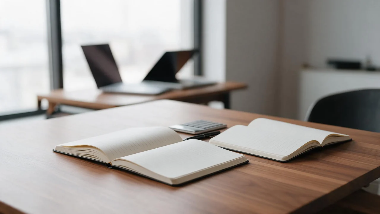 Two open notebooks with blank lined pages lie side by side on a wooden table with a calculator and a pen between them, while a half-open laptop sits blurred in the background under soft window light.