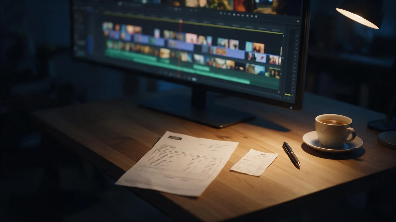 A warmly lit desk at night with a monitor showing a paused video editing timeline, a printed invoice and a receipt lying side by side, a pen and a cup of coffee, and no people in the scene.