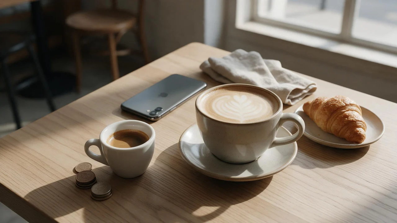 A top-down view of a light wooden cafe table in soft morning light, with a large nearly full latte cup beside a small espresso cup, a few coins, a face-down smartphone, a folded linen napkin, and a croissant on a small plate.
