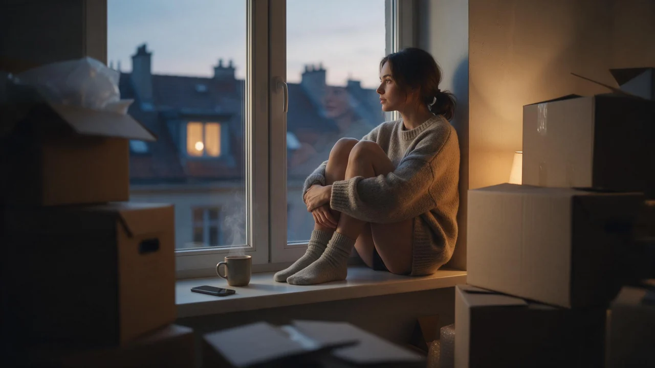At dusk, a woman in a cozy knit sweater sits curled on the windowsill of a half unpacked apartment, with a steaming mug and a face down phone beside her, cardboard moving boxes nearby, and rooftops and distant lit windows glowing outside.