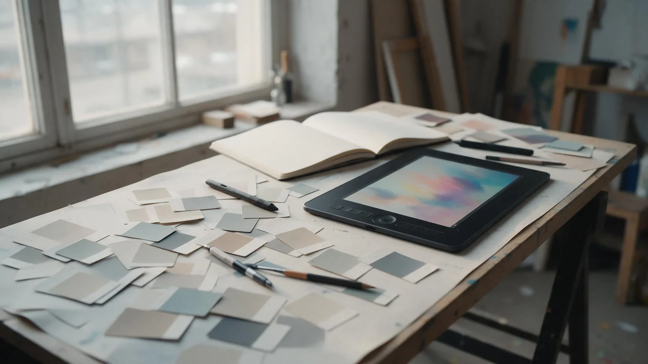 An artist's worktable in soft morning light with scattered paint swatch cards, ink pens, a pencil, an open blank sketchbook and a tablet glowing with soft abstract color blends.