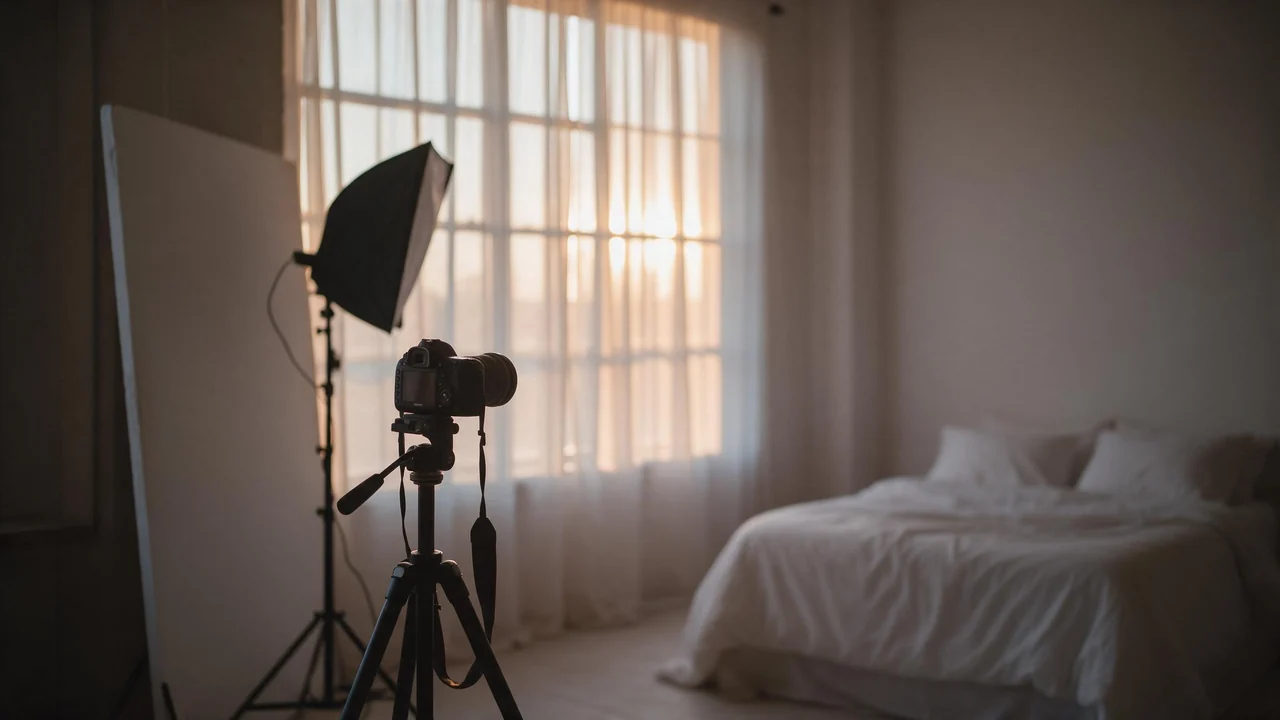 An empty photography studio corner with a softbox on a stand, a white reflector, a camera on a tripod and a large window with sheer curtains glowing in warm late afternoon light, while a bed with plain white linen sits blurred in the background.