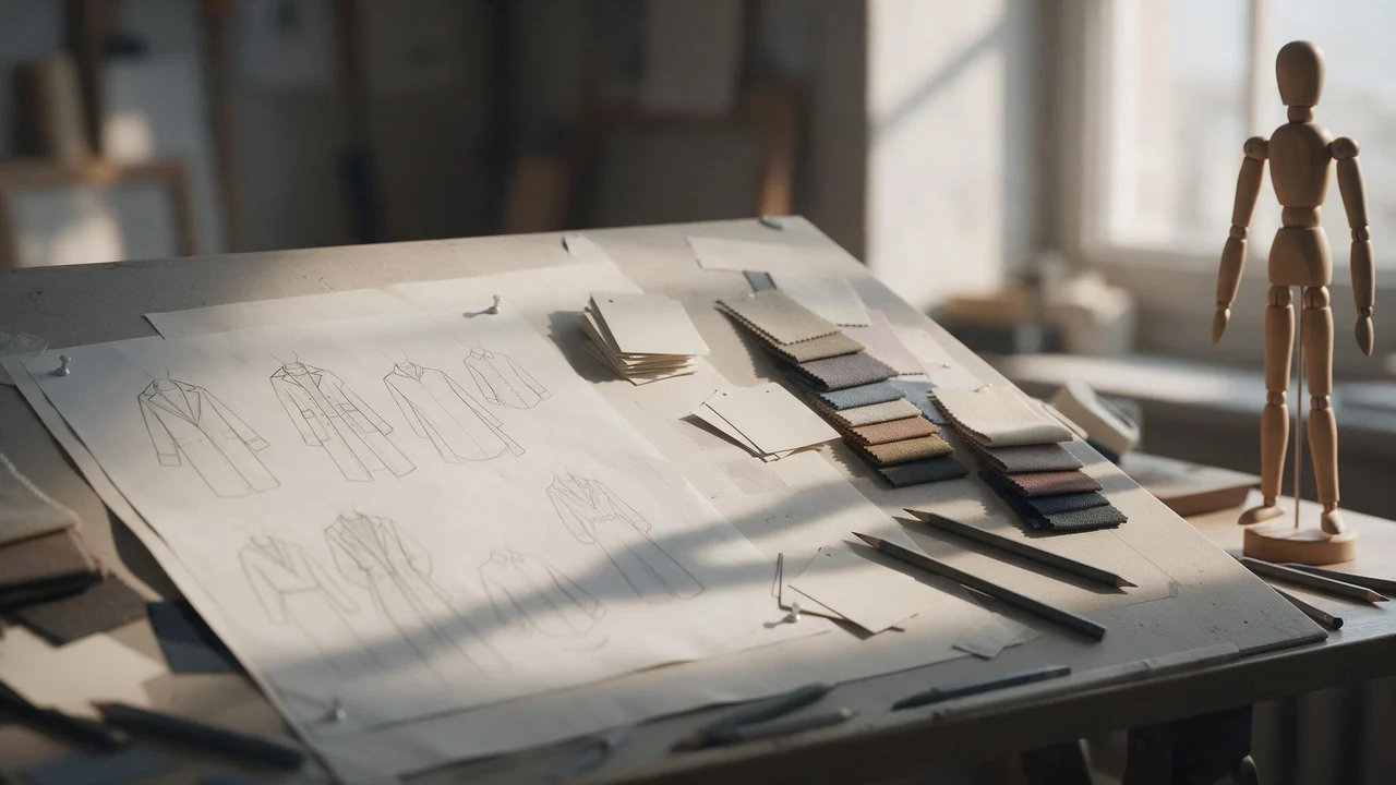 An artist's drawing desk in warm daylight with a pinned sheet of outfit sketches, fabric colour swatches, blank index cards, scattered pencils and a jointed wooden mannequin standing at the edge.