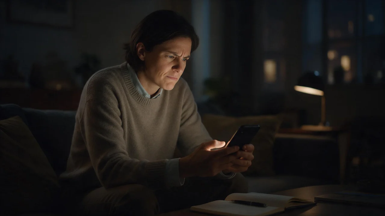 An adult sits on a sofa in a dim living room at night, reading a softly glowing phone with a thoughtful, skeptical expression while an open notebook rests on the coffee table in front of them.