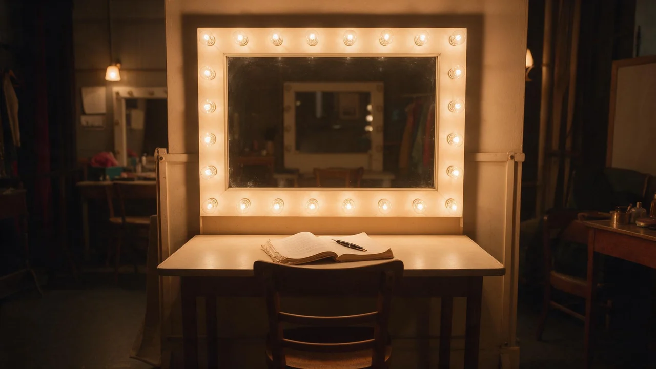 A theatre dressing room with a mirror framed by glowing warm bulbs above a makeup table, an empty wooden chair in front of it, and a script with a fountain pen resting on its pages.