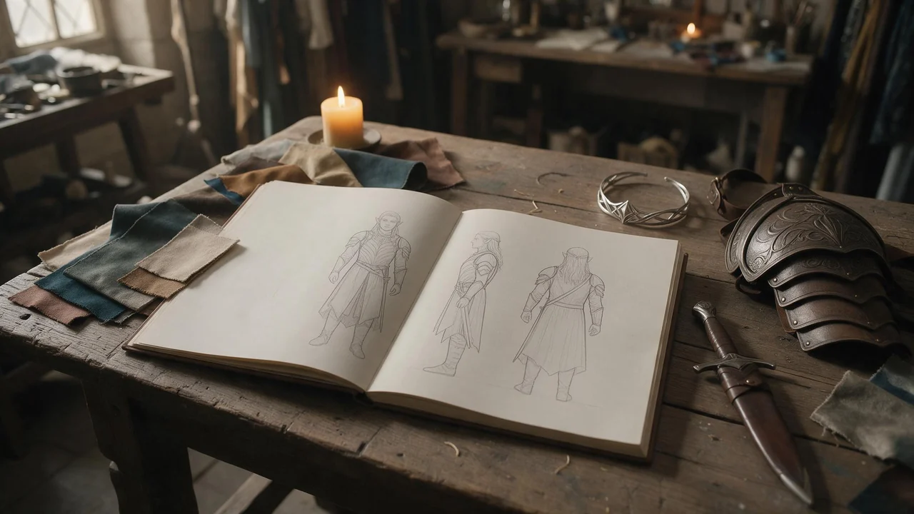 An open sketchbook with pencil drawings of an elf knight seen from several angles lies on an old oak workbench next to a silver circlet, a leather pauldron, a sheathed dagger, fabric swatches and a burning candle in warm light.