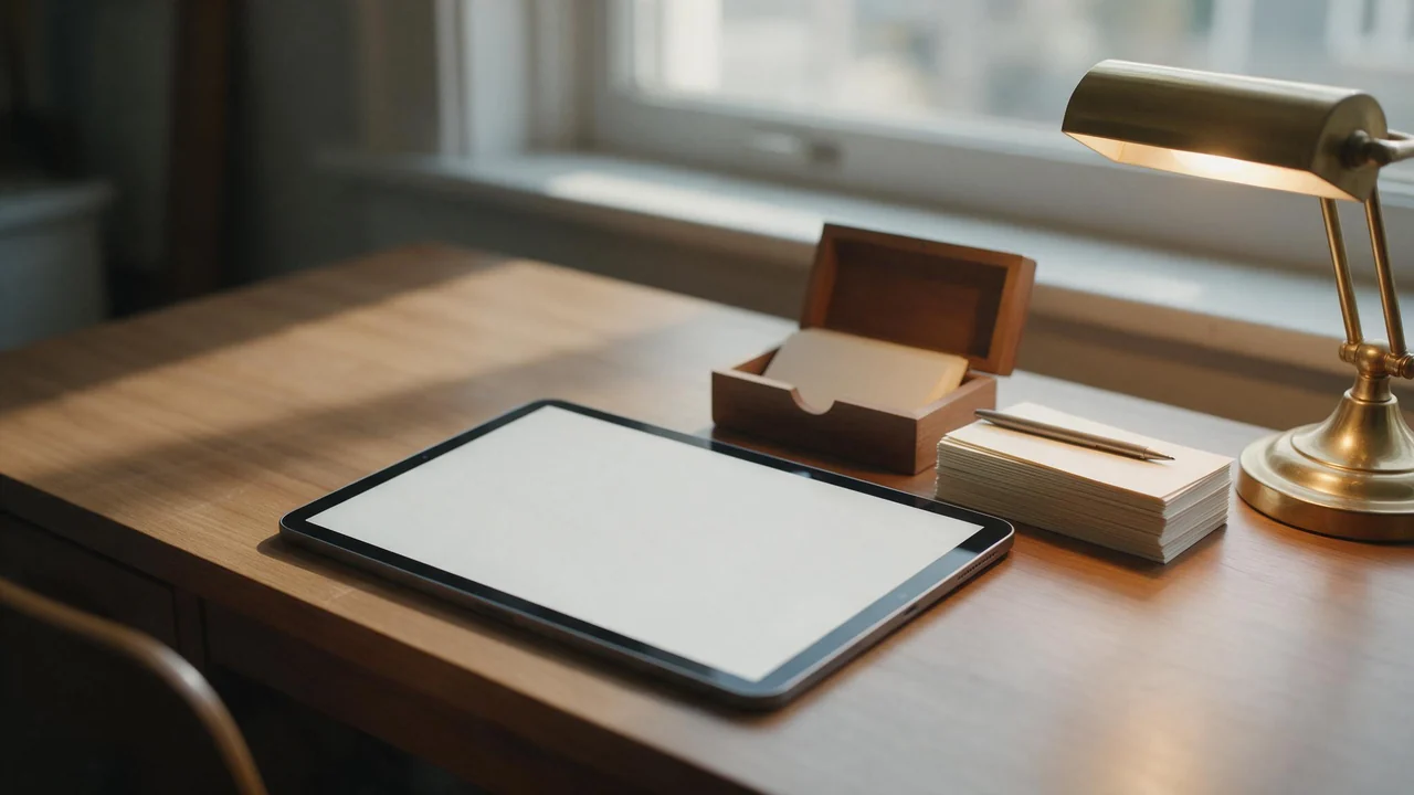 A tidy desk in soft daylight holds a tablet showing a blank white canvas, a stack of blank index cards in an open card box, a pen, and a warmly glowing reading lamp.