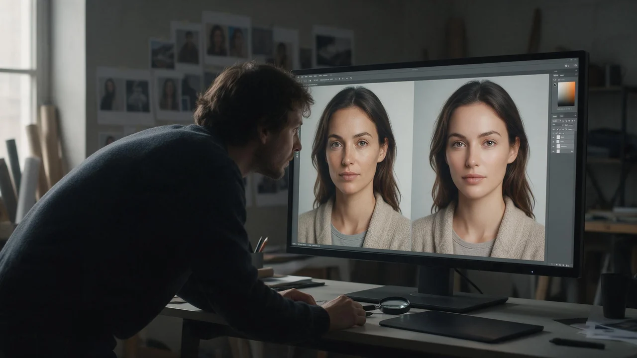 A retoucher in a dark sweater sits at a desk in a dim studio, comparing two nearly identical clothed portraits shown side by side on a large monitor, with a loupe, a graphics tablet and pinned test prints around her, in soft window light mixed with the glow of the screen.