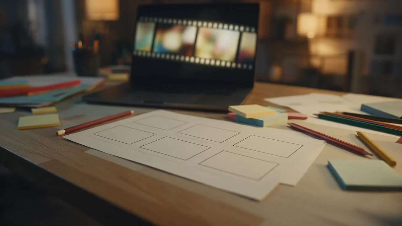 A tidy desk in warm evening light holds a printed storyboard of six empty frames, coloured pencils, blank sticky notes and a laptop showing a film strip of soft abstract colour blurs.