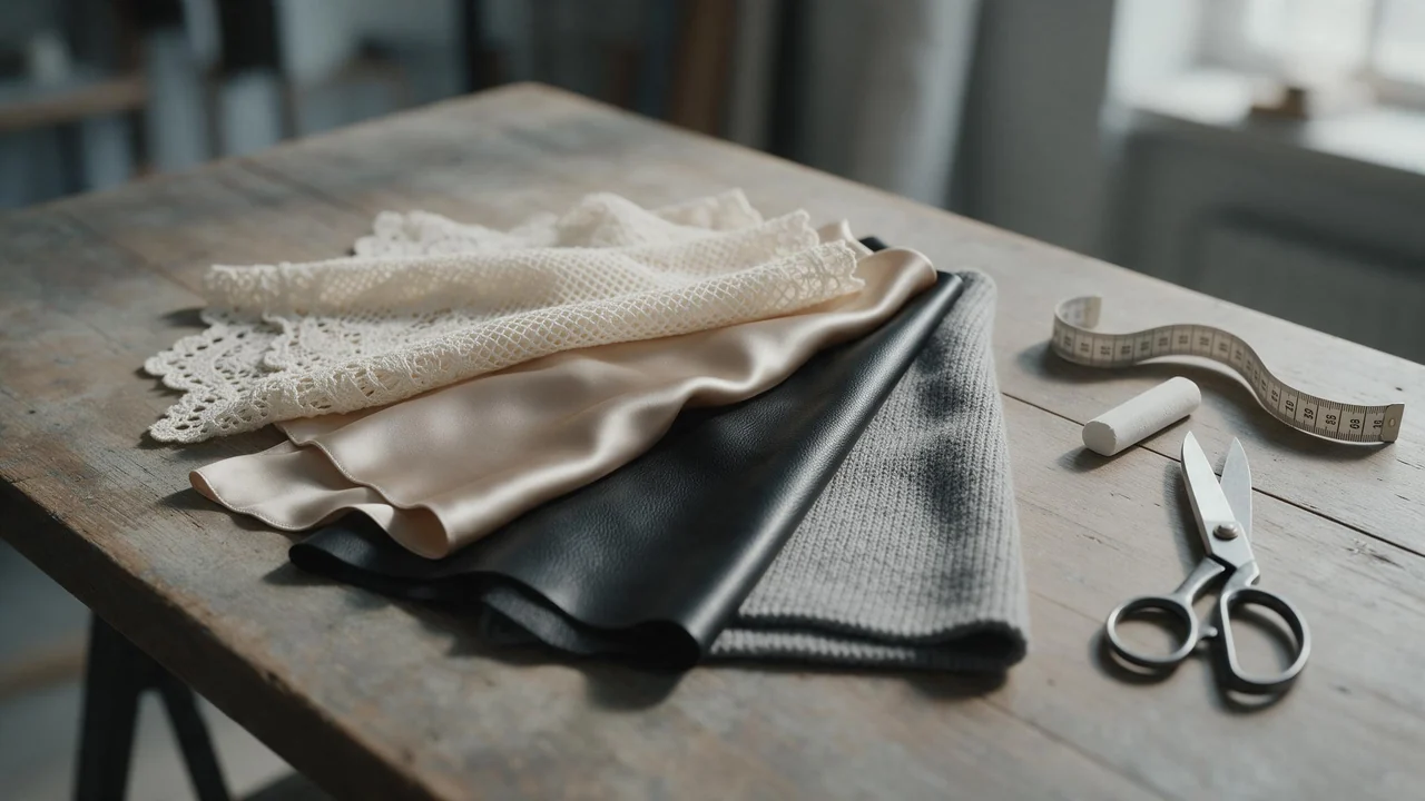 Swatches of ivory lace, champagne satin, black leather and gray knit fabric fanned out on a wooden worktable beside a tailor's measuring tape, chalk and shears, in soft window daylight.